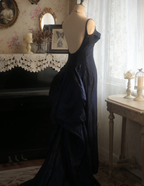 Vintage Navy Blue Mermaid Spaghetti Strap Square Neck Backless Satin Train Classy Prom Dress