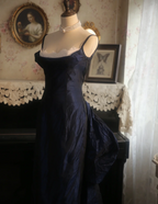 Vintage Navy Blue Mermaid Spaghetti Strap Square Neck Backless Satin Train Classy Prom Dress