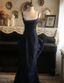 Vintage Navy Blue Mermaid Spaghetti Strap Square Neck Backless Satin Train Classy Prom Dress