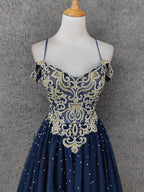 Vintage Navy Blue Off-Shoulder Gold Embroidered Rhinestone Tulle Long Classy Prom Dress
