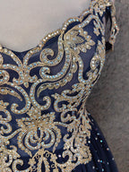 Vintage Navy Blue Off-Shoulder Gold Embroidered Rhinestone Tulle Long Classy Prom Dress