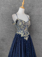 Vintage Navy Blue Off-Shoulder Gold Embroidered Rhinestone Tulle Long Classy Prom Dress