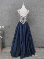 Vintage Navy Blue Off-Shoulder Gold Embroidered Rhinestone Tulle Long Classy Prom Dress