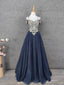 Vintage Navy Blue Off-Shoulder Gold Embroidered Rhinestone Tulle Long Classy Prom Dress
