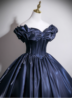 Vintage Navy Blue Off-The-Shoulder Satin Ball Gown Prom Dress Sweet 16 Dress
