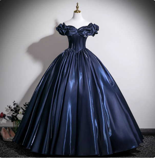 Vintage Navy Blue Off-The-Shoulder Satin Ball Gown Prom Dress Sweet 16 Dress
