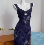 Vintage Navy Blue Spaghetti Strap Printed Lace Tulle Long Classy Prom Dress