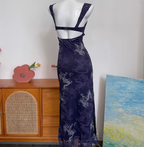 Vintage Navy Blue Spaghetti Strap Printed Lace Tulle Long Classy Prom Dress