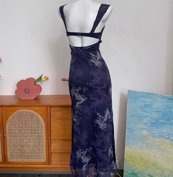 Vintage Navy Blue Spaghetti Strap Printed Lace Tulle Long Classy Prom Dress