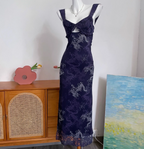 Vintage Navy Blue Spaghetti Strap Printed Lace Tulle Long Classy Prom Dress
