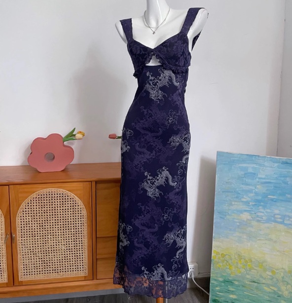 Vintage Navy Blue Spaghetti Strap Printed Lace Tulle Long Classy Prom Dress