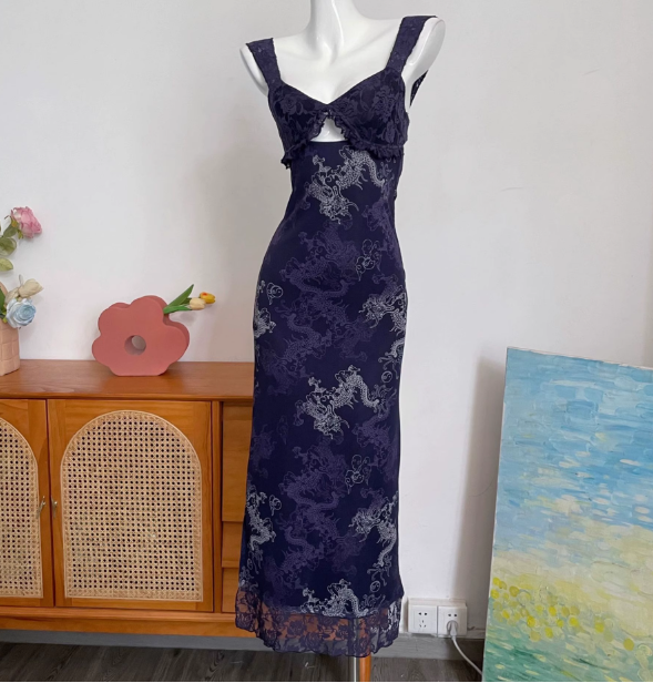 Vintage Navy Blue Spaghetti Strap Printed Lace Tulle Long Classy Prom Dress