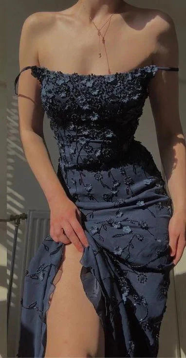 Navy Blue Vintage Spaghetti Straps Elegant Delicate Floral Beads Long Ball Gown Classy Evening Gown Mermaid Birthday Party Dress Classy Prom Gown