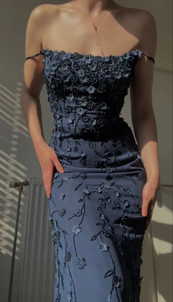 Vintage Navy Blue Spaghetti Straps Classy Prom Dress Sexy Mermaid Classy Evening Dress