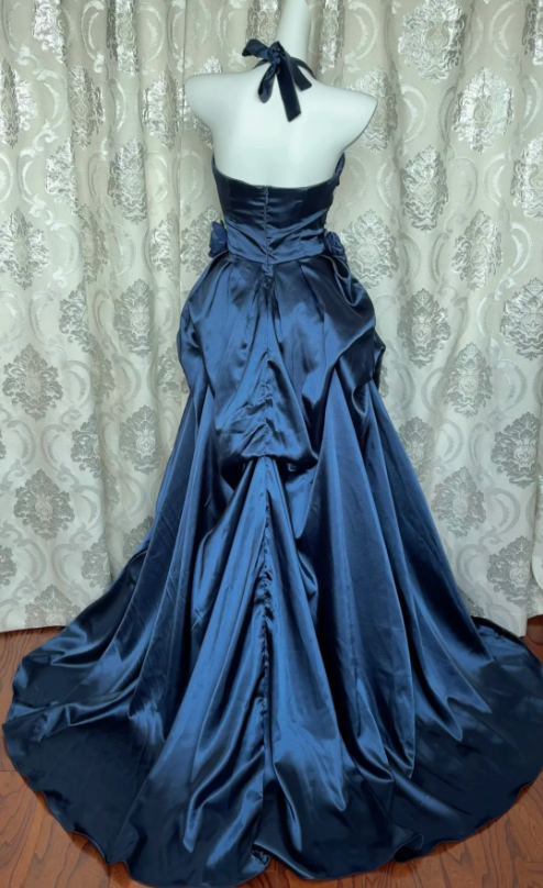 Vintage Navy Blue Strapless Satin Long Ball Gown Prom Dress Secondary image