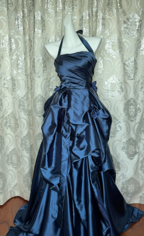 Vintage Navy Blue Strapless Satin Long Ball Gown Prom Dress