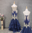 Vintage Navy Blue Sweetheart Neck Lace Rhinestone-Embellished Tulle Long Classy Prom Dress