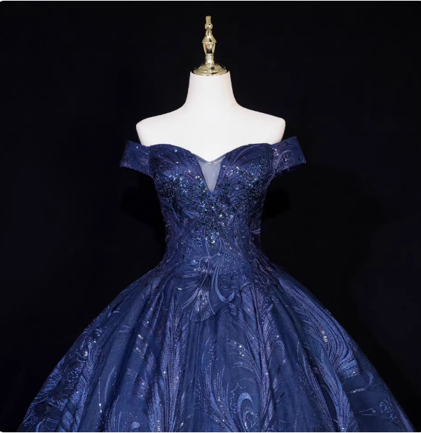Vintage Navy Blue Off-The-Shoulder Beaded Embroidered Tulle Classy Prom Dress Secondary image