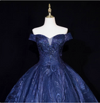 Vintage Navy Blue Off-The-Shoulder Beaded Embroidered Tulle Classy Prom Dress