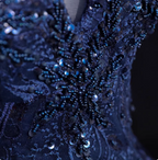 Vintage Navy Blue Off-The-Shoulder Beaded Embroidered Tulle Classy Prom Dress