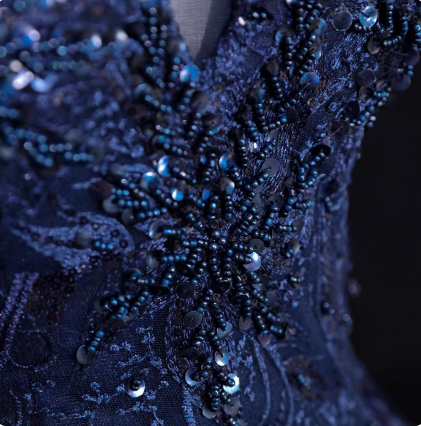 Vintage Navy Blue Off-The-Shoulder Beaded Embroidered Tulle Classy Prom Dress