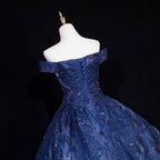 Vintage Navy Blue Off-The-Shoulder Beaded Embroidered Tulle Classy Prom Dress