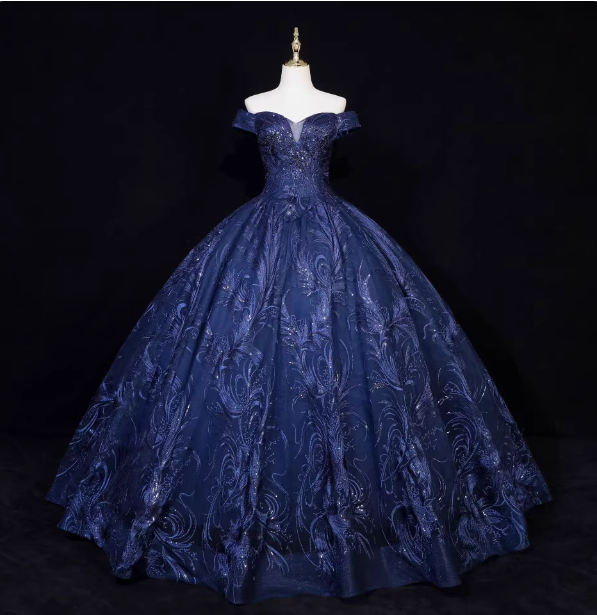 Vintage Navy Blue Off-The-Shoulder Beaded Embroidered Tulle Classy Prom Dress Main image