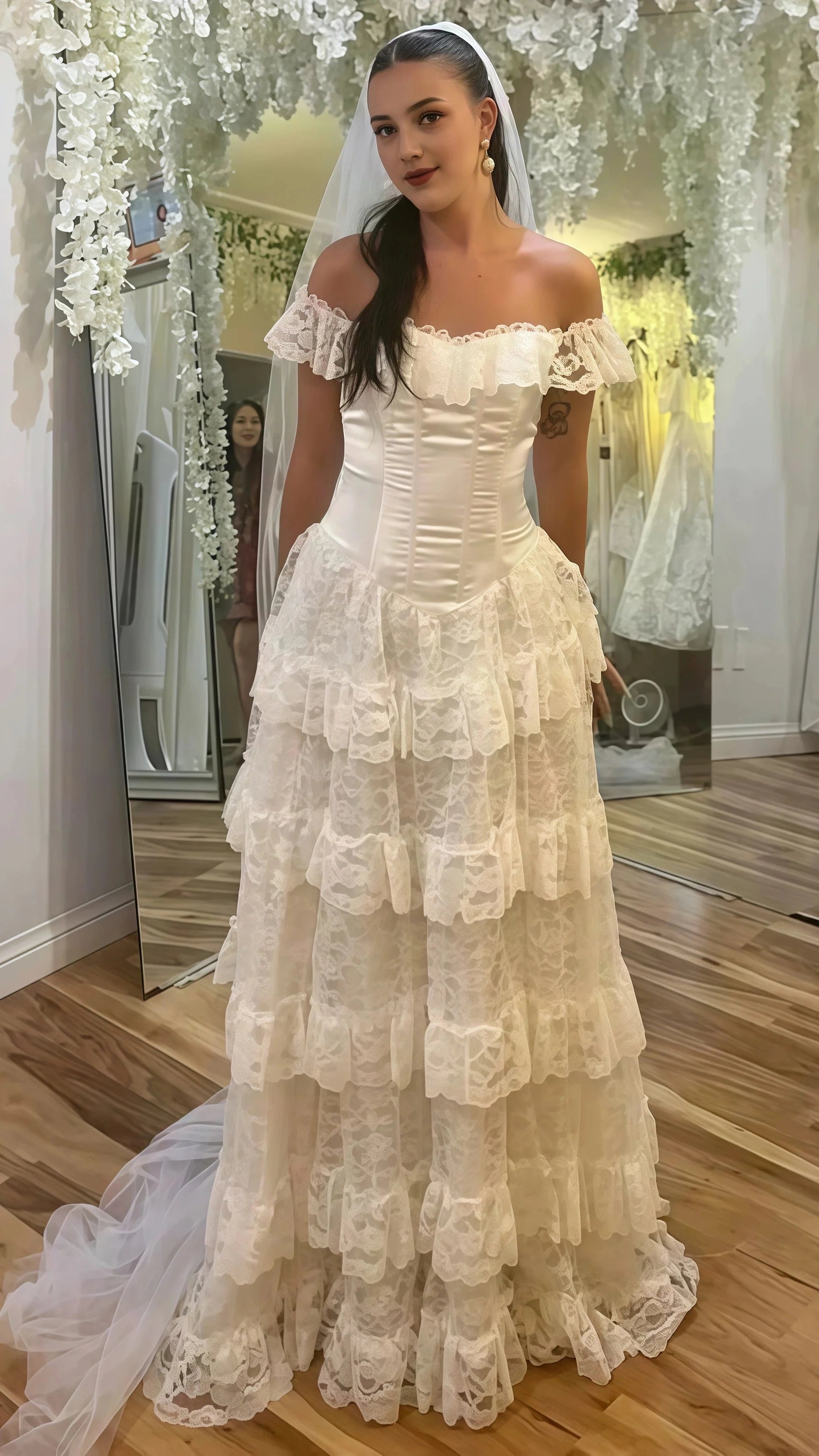 Vintage Off White Lace Wedding Dress, Ruffle Floor Length Bridal Dress Main image