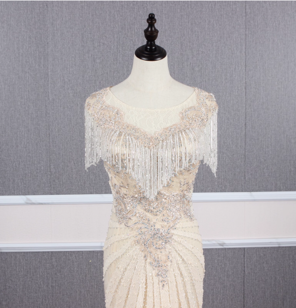 Vintage Off-White Mermaid Crew Neck Fringed Beaded Lace Train Classy Prom Dress Secondary image