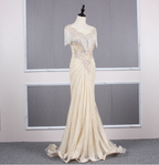 Vintage Off-White Mermaid Crew Neck Fringed Beaded Lace Train Classy Prom Dress