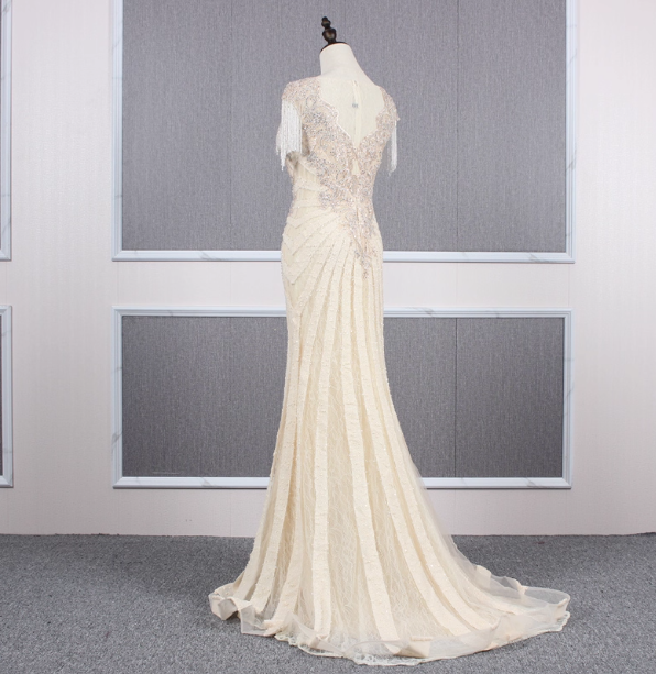 Vintage Off-White Mermaid Crew Neck Fringed Beaded Lace Train Classy Prom Dress