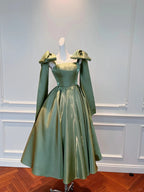 Vintage Olive Green A-Line Bow Strap Satin Tea-Length Classy Prom Dress