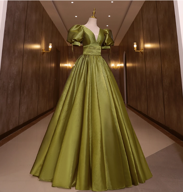 Vintage Olive Green Deep V-Neck Puff Sleeve Satin Long Classy Prom Dress