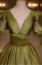 Vintage Olive Green Deep V-Neck Puff Sleeve Satin Long Classy Prom Dress