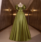 Vintage Olive Green Deep V-Neck Puff Sleeve Satin Long Classy Prom Dress