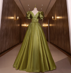 Vintage Olive Green Deep V-Neck Puff Sleeve Satin Long Classy Prom Dress