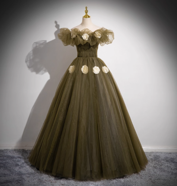 Vintage Olive Green One-Shoulder 3D Floral Tulle Long Ball Gown Prom Dress Sweet 16 Dress Secondary image