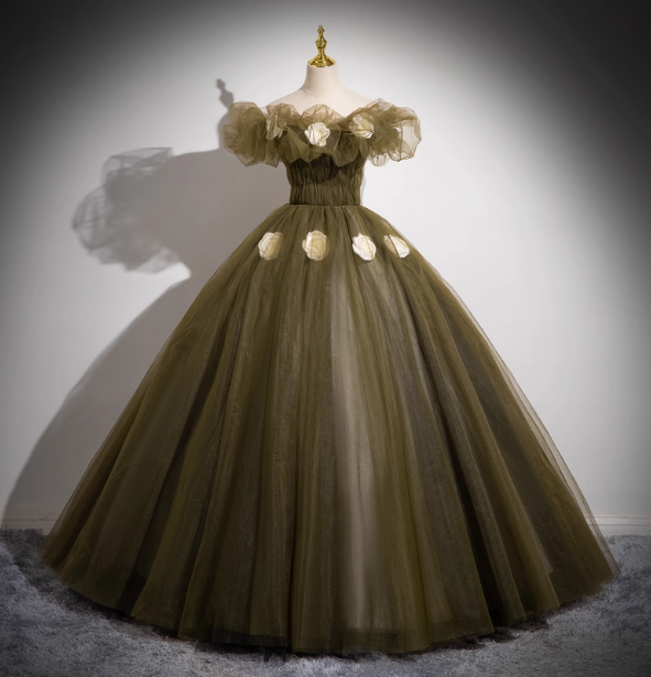 Vintage Olive Green One-Shoulder 3D Floral Tulle Long Ball Gown Prom Dress Sweet 16 Dress Main image