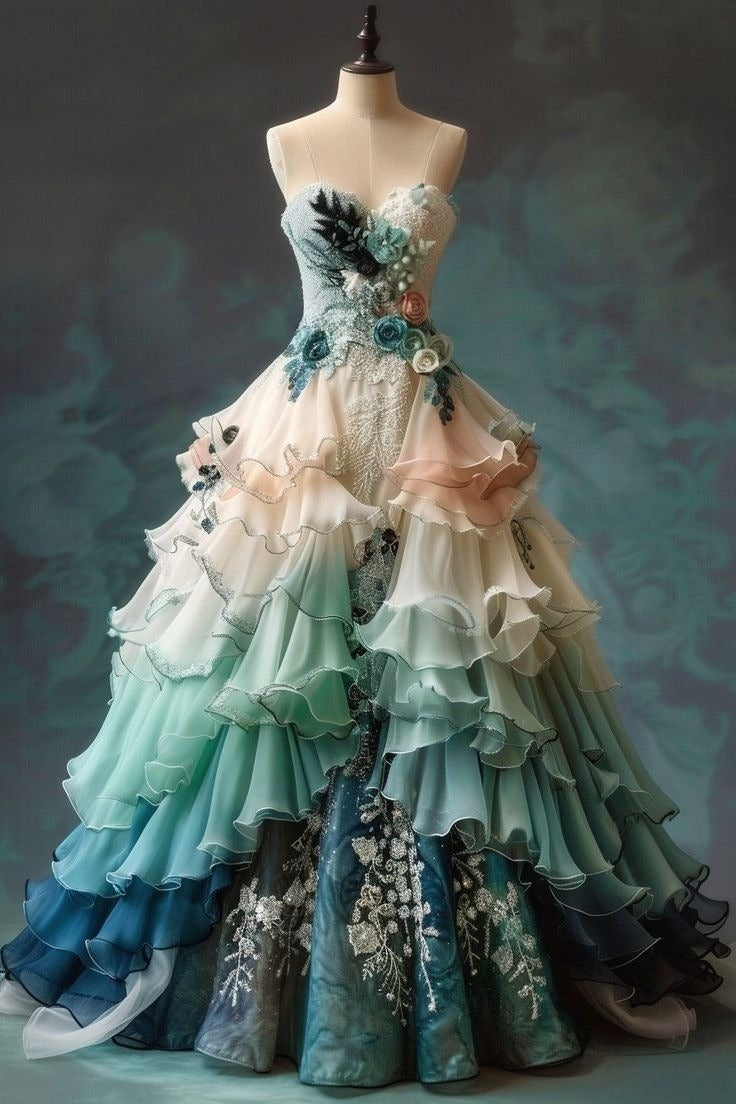 Vintage Ombre Sweetheart Chiffon Long Ball Gown Embroidered Applique Sweet Floral Classy Dress Main image