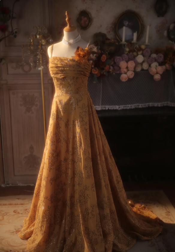 Vintage Orange A-Line Spaghetti Strap Sequined Floral Train Classy Prom Dress Secondary image