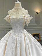 Vintage Palace Ivory Off-The-Shoulder Lace Embroidered Ball Gown Satin Wedding Dress
