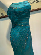 Vintage Peacock Blue Mermaid Strapless Beaded Satin Long Classy Prom Dress
