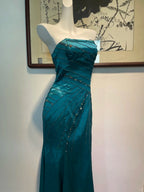 Vintage Peacock Blue Mermaid Strapless Beaded Satin Long Classy Prom Dress