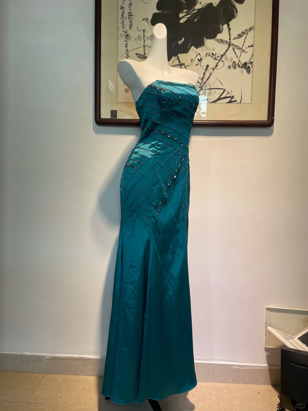 Vintage Peacock Blue Mermaid Strapless Beaded Satin Long Classy Prom Dress Main image