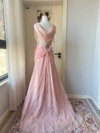 Vintage Pink A-Line Rhinestone Beaded Chiffon Long Classy Prom Dress