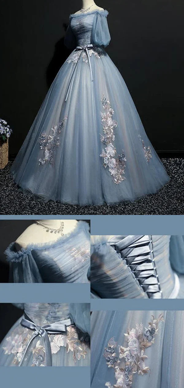 Vintage Princess Off Shoulder Half Sleeve Dusty Blue Appliques Ball Gown Classy Prom Dress Secondary image