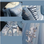 Vintage Princess Off Shoulder Half Sleeve Dusty Blue Appliques Ball Gown Classy Prom Dress