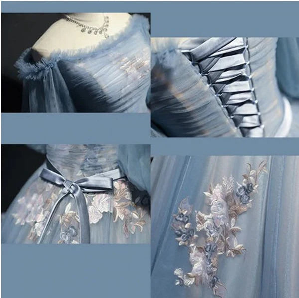Vintage Princess Off Shoulder Half Sleeve Dusty Blue Appliques Ball Gown Classy Prom Dress