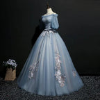 Vintage Princess Off Shoulder Half Sleeve Dusty Blue Appliques Ball Gown Classy Prom Dress