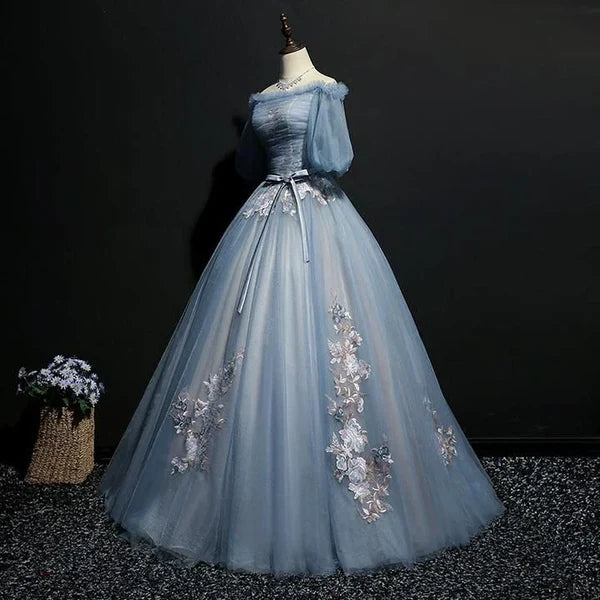 Vintage Princess Off Shoulder Half Sleeve Dusty Blue Appliques Ball Gown Classy Prom Dress
